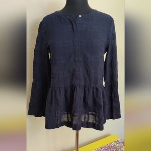 Loft Dark Blue Smocked Blouse with Bell Sleeves